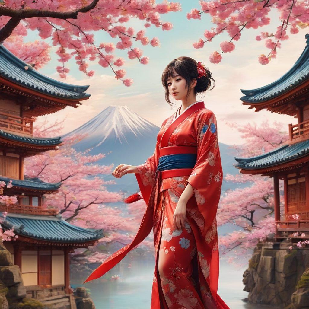 A visually striking composition featuring iconic scenes from anime and manga with erotic art elements, blended with flowing colors that evoke fantasy and desire. Include diverse characters in imaginative poses, surrounded by whimsical backgrounds showcasing elements of Japanese culture and surreal landscapes. The atmosphere should be enticing and playful, engaging the viewer's imagination. vibrant colors. super-realistic. dreamy aesthetics.